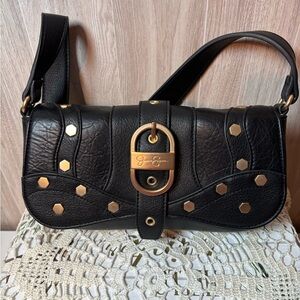 Jessica Simpson Faux Leather Courtney Flap Black Shoulder Bag with Gold Details